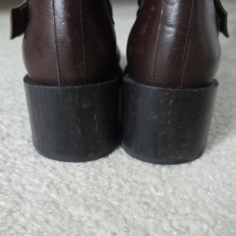 COCLICO Dark Brown Leather Combat Block Heel Boots w Velcro Closure Straps - Picture 5 of 9